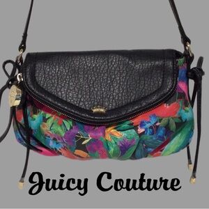 JUICY COUTURE Tropical Floral Crossbody w/Decorative Side Danglers, Zip Pendant